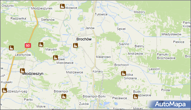 mapa Malanowo gmina Brochów, Malanowo gmina Brochów na mapie Targeo