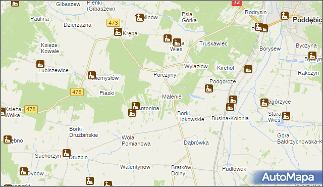 mapa Malenie gmina Poddębice, Malenie gmina Poddębice na mapie Targeo