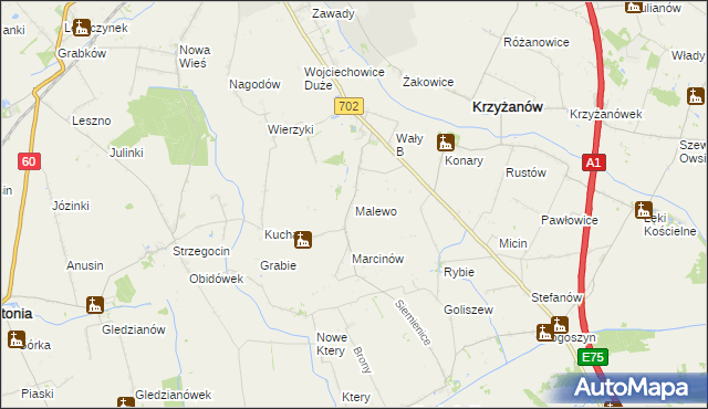 mapa Malewo gmina Krzyżanów, Malewo gmina Krzyżanów na mapie Targeo