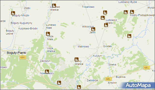 mapa Malinowo gmina Klukowo, Malinowo gmina Klukowo na mapie Targeo