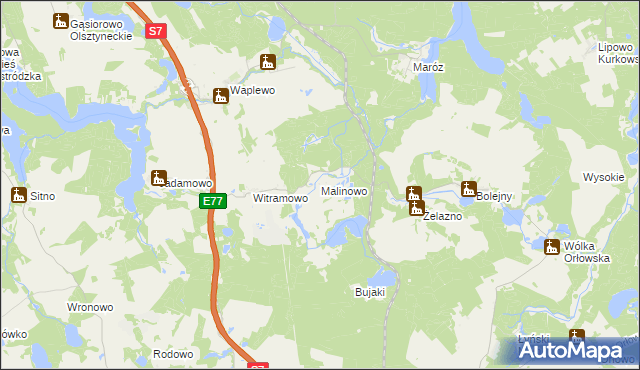 mapa Malinowo gmina Olsztynek, Malinowo gmina Olsztynek na mapie Targeo