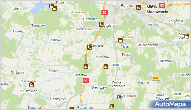 mapa Maliszew gmina Mińsk Mazowiecki, Maliszew gmina Mińsk Mazowiecki na mapie Targeo