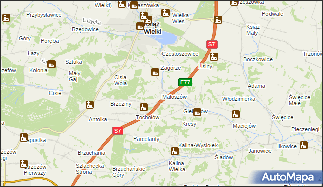 mapa Małoszów gmina Książ Wielki, Małoszów gmina Książ Wielki na mapie Targeo