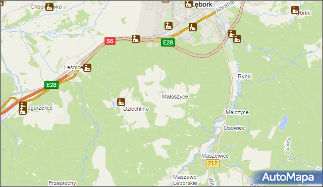 mapa Małoszyce gmina Nowa Wieś Lęborska, Małoszyce gmina Nowa Wieś Lęborska na mapie Targeo