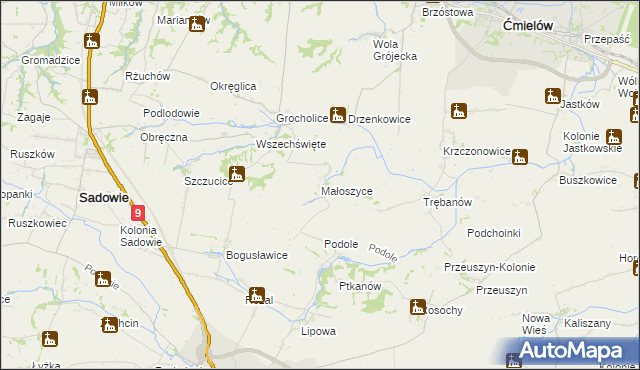 mapa Małoszyce gmina Sadowie, Małoszyce gmina Sadowie na mapie Targeo