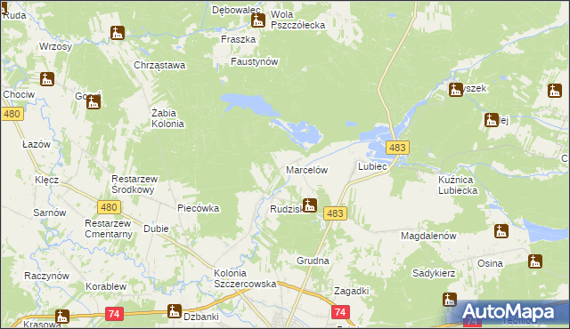 mapa Marcelów gmina Szczerców, Marcelów gmina Szczerców na mapie Targeo