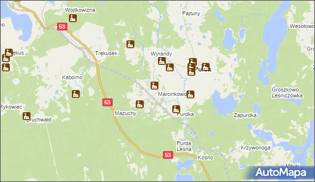 mapa Marcinkowo gmina Purda, Marcinkowo gmina Purda na mapie Targeo