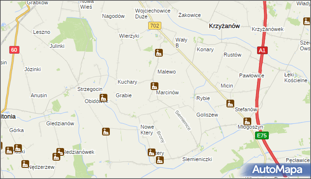 mapa Marcinów gmina Krzyżanów, Marcinów gmina Krzyżanów na mapie Targeo