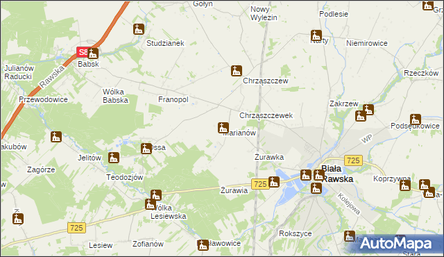 mapa Marianów gmina Biała Rawska, Marianów gmina Biała Rawska na mapie Targeo