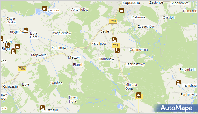 mapa Marianów gmina Łopuszno, Marianów gmina Łopuszno na mapie Targeo