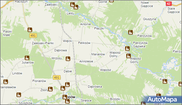 mapa Marianów gmina Popów, Marianów gmina Popów na mapie Targeo