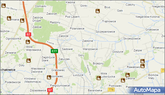 mapa Marszowice gmina Kocmyrzów-Luborzyca, Marszowice gmina Kocmyrzów-Luborzyca na mapie Targeo