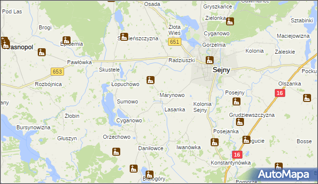 mapa Marynowo gmina Sejny, Marynowo gmina Sejny na mapie Targeo