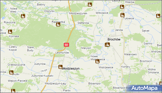 mapa Marysin gmina Młodzieszyn, Marysin gmina Młodzieszyn na mapie Targeo