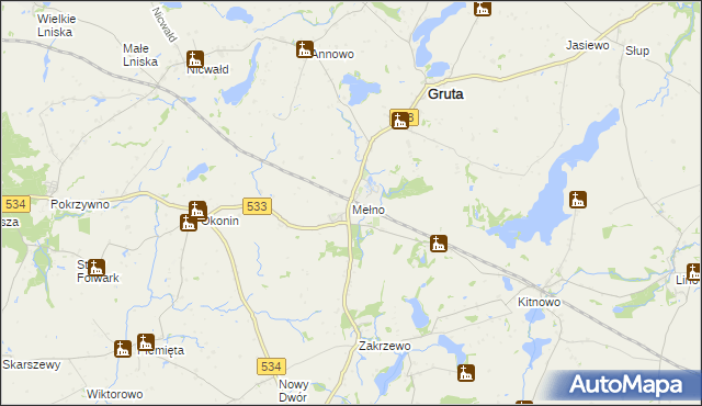 mapa Mełno gmina Gruta, Mełno gmina Gruta na mapie Targeo