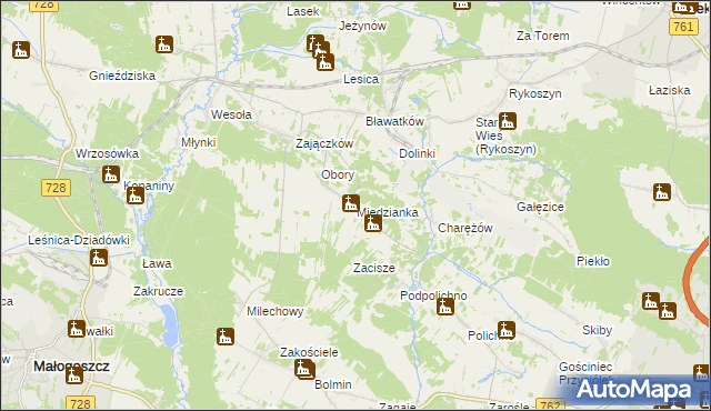 mapa Miedzianka gmina Chęciny, Miedzianka gmina Chęciny na mapie Targeo