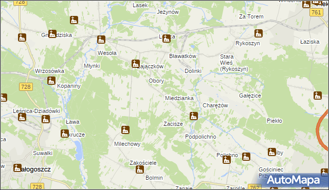 mapa Miedzianka gmina Chęciny, Miedzianka gmina Chęciny na mapie Targeo