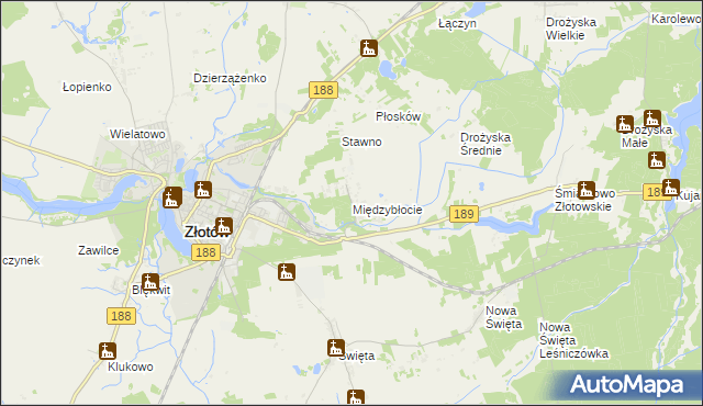 mapa Międzybłocie gmina Złotów, Międzybłocie gmina Złotów na mapie Targeo