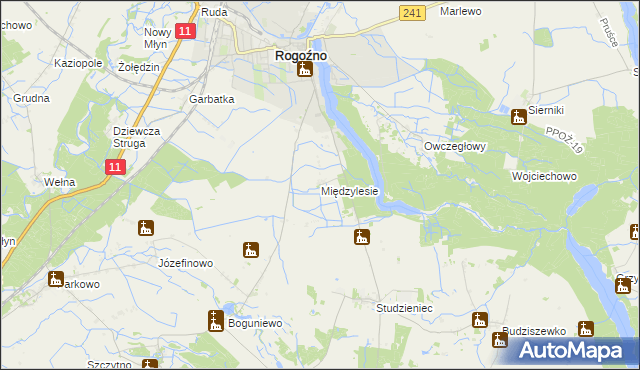 mapa Międzylesie gmina Rogoźno, Międzylesie gmina Rogoźno na mapie Targeo