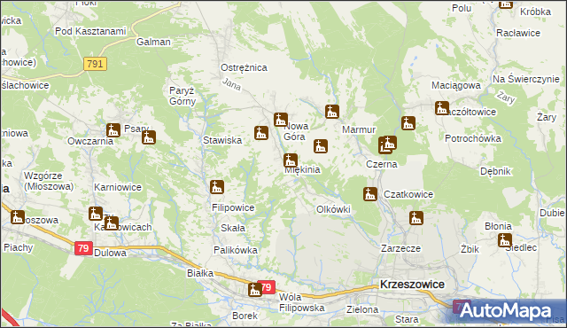 mapa Miękinia gmina Krzeszowice, Miękinia gmina Krzeszowice na mapie Targeo