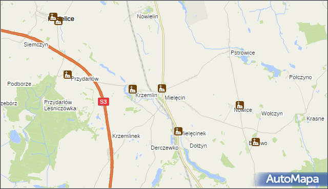 mapa Mielęcin gmina Pyrzyce, Mielęcin gmina Pyrzyce na mapie Targeo