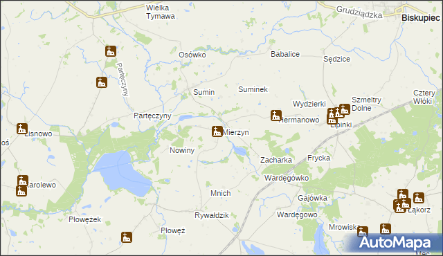 mapa Mierzyn gmina Biskupiec, Mierzyn gmina Biskupiec na mapie Targeo