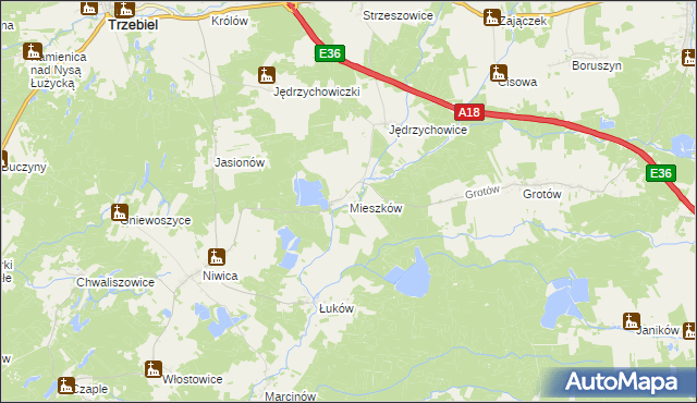 mapa Mieszków gmina Trzebiel, Mieszków gmina Trzebiel na mapie Targeo