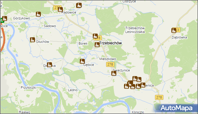 mapa Mieszkowo gmina Trzebiechów, Mieszkowo gmina Trzebiechów na mapie Targeo