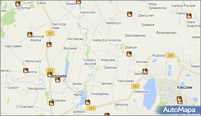 mapa Miłaczew gmina Kleczew, Miłaczew gmina Kleczew na mapie Targeo