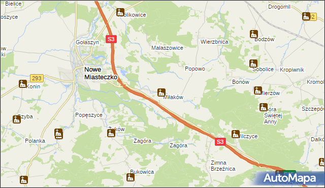 mapa Miłaków gmina Nowe Miasteczko, Miłaków gmina Nowe Miasteczko na mapie Targeo