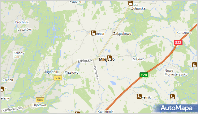 mapa Milejewo powiat elbląski, Milejewo powiat elbląski na mapie Targeo