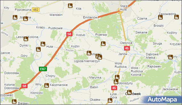 mapa Milejów gmina Ostrówek, Milejów gmina Ostrówek na mapie Targeo