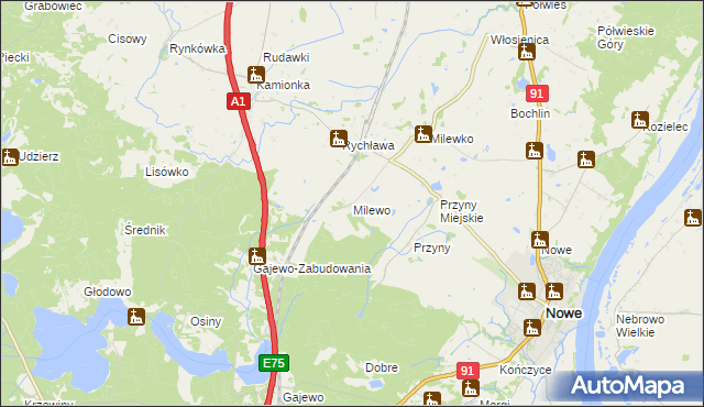 mapa Milewo gmina Nowe, Milewo gmina Nowe na mapie Targeo