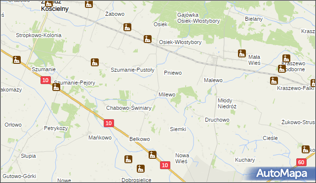 mapa Milewo gmina Zawidz, Milewo gmina Zawidz na mapie Targeo
