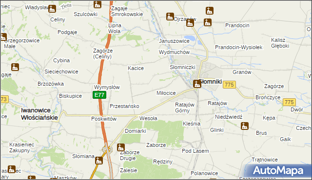 mapa Miłocice gmina Słomniki, Miłocice gmina Słomniki na mapie Targeo