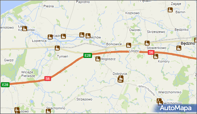 mapa Miłogoszcz gmina Będzino, Miłogoszcz gmina Będzino na mapie Targeo