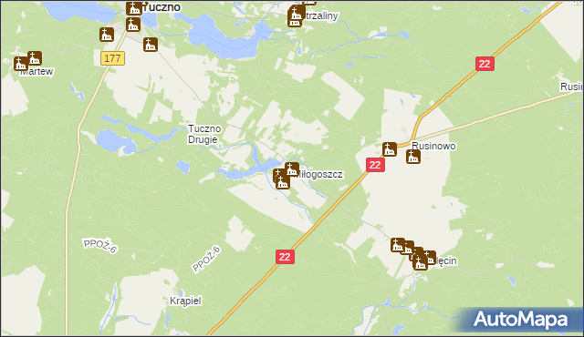mapa Miłogoszcz gmina Tuczno, Miłogoszcz gmina Tuczno na mapie Targeo