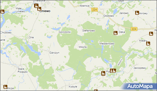 mapa Milonki gmina Liniewo, Milonki gmina Liniewo na mapie Targeo
