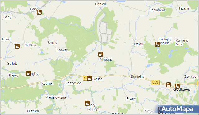 mapa Miłosna gmina Godkowo, Miłosna gmina Godkowo na mapie Targeo