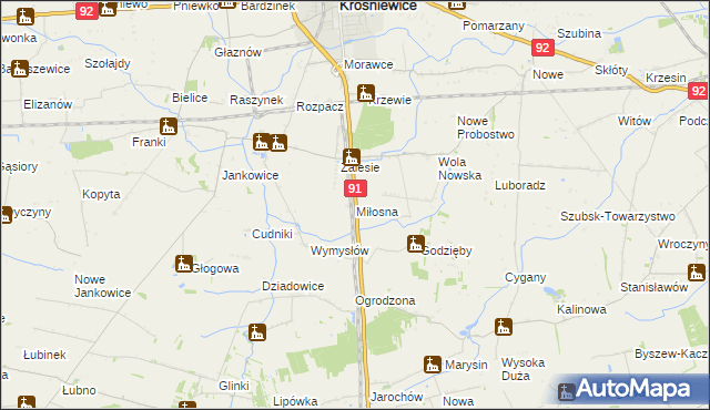 mapa Miłosna gmina Krośniewice, Miłosna gmina Krośniewice na mapie Targeo