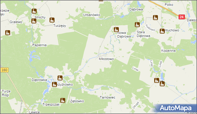 mapa Miłostowo gmina Kwilcz, Miłostowo gmina Kwilcz na mapie Targeo