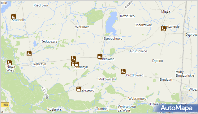 mapa Mirkowice gmina Mieścisko, Mirkowice gmina Mieścisko na mapie Targeo