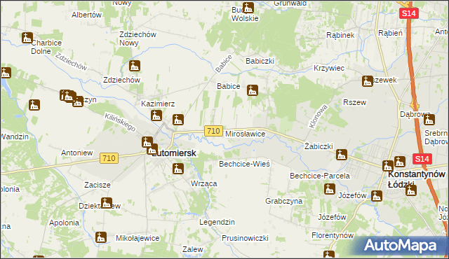 mapa Mirosławice gmina Lutomiersk, Mirosławice gmina Lutomiersk na mapie Targeo