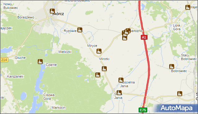 mapa Mirotki gmina Skórcz, Mirotki gmina Skórcz na mapie Targeo