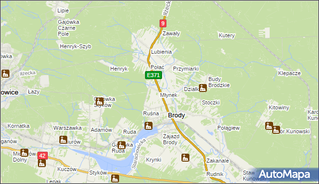 mapa Młynek gmina Brody, Młynek gmina Brody na mapie Targeo