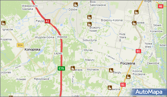 mapa Młynek gmina Poczesna, Młynek gmina Poczesna na mapie Targeo