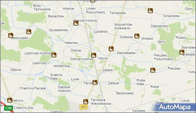 mapa Młynik gmina Olszówka, Młynik gmina Olszówka na mapie Targeo