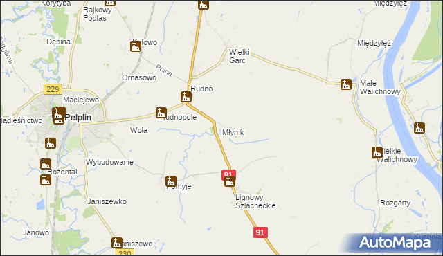 mapa Młynik gmina Pelplin, Młynik gmina Pelplin na mapie Targeo