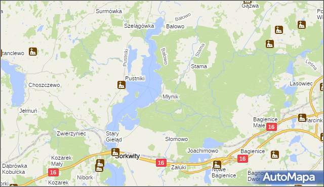 mapa Młynik gmina Sorkwity, Młynik gmina Sorkwity na mapie Targeo