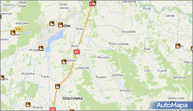 mapa Młynisko gmina Strachówka, Młynisko gmina Strachówka na mapie Targeo